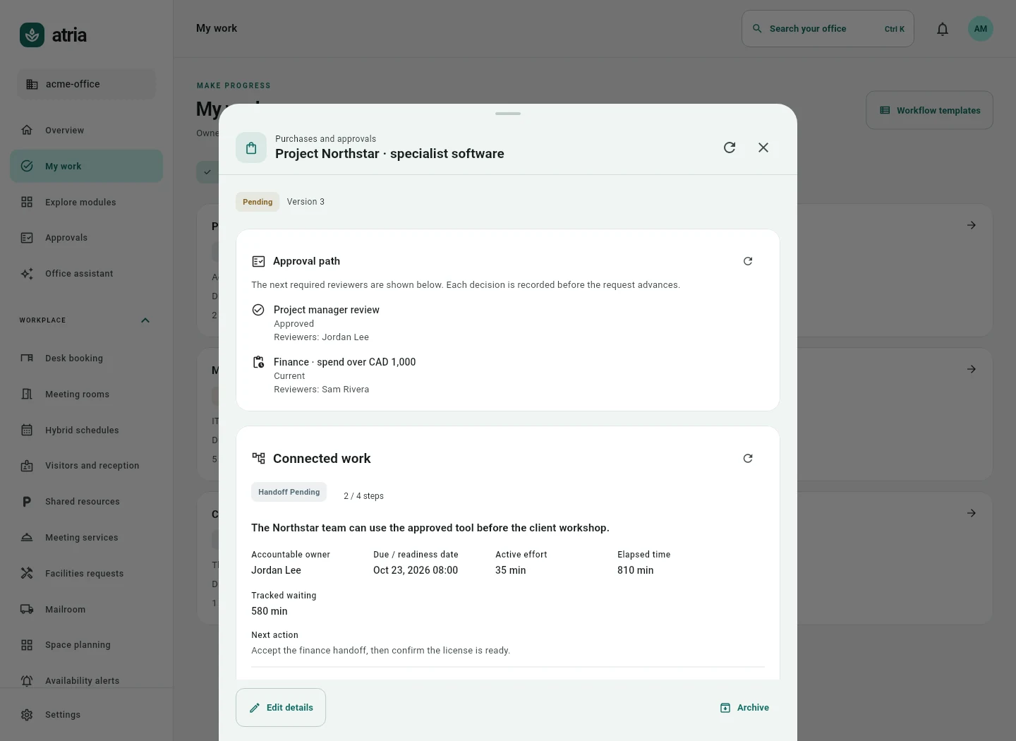 Atria work case showing ordered review, accountable owner, effort and the next action