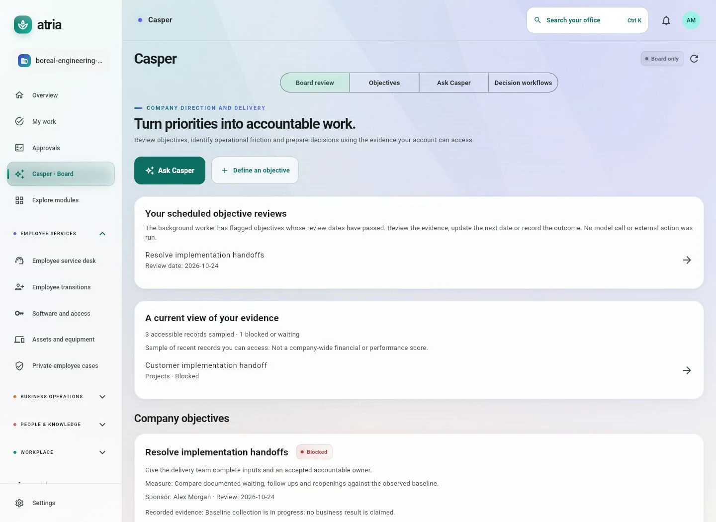 Actual Casper board workspace with fictional demonstration data