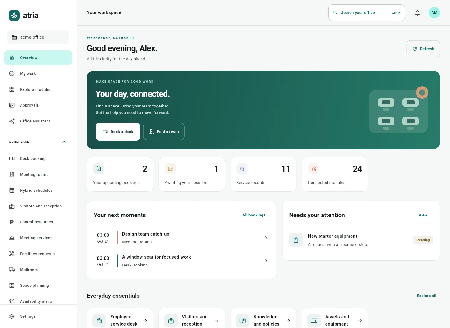Atria Office dashboard showing bookings, approval requests and employee service records in a fictional workspace