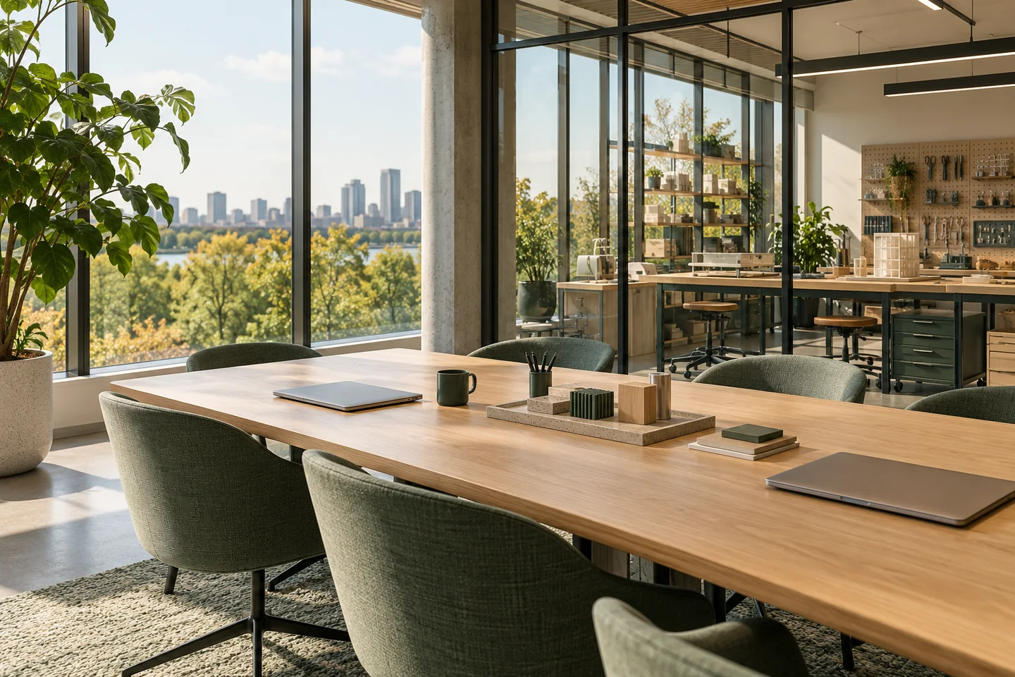 Conceptual workplace with an oak meeting table beside a design workshop, glass partitions and natural daylight